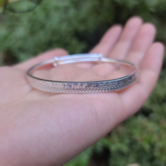 999.9 Fine Silver Bangle w Patterned Inlay Chinese Export Adjustable Bracelet - Picture 4 of 7